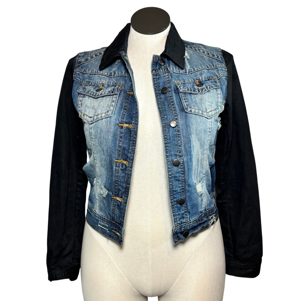 Womens Jacket M Blue Blk Cotton Distressed Mixed Media Trucker Grunge Moto Goth
